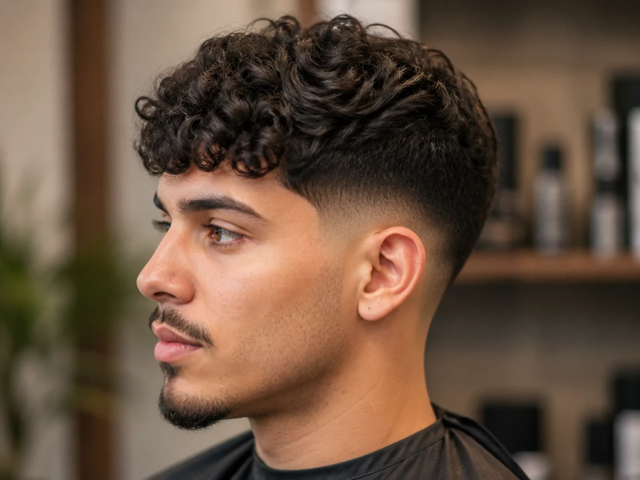 Low taper fade with a curly textured fringe falling past the brows on 3A hair