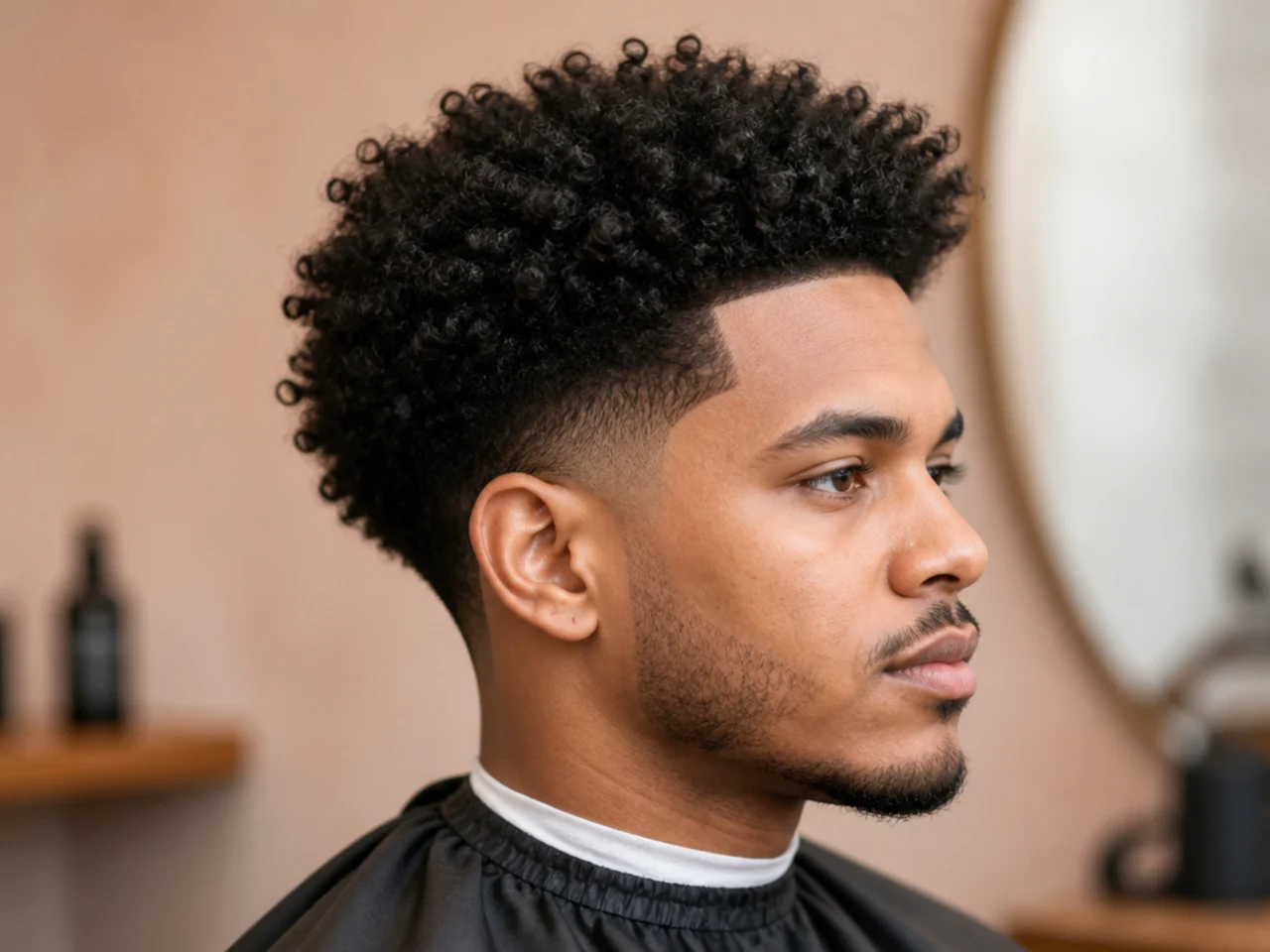 Low taper fade with a natural 3C coily afro on top and clean line-up at the forehead