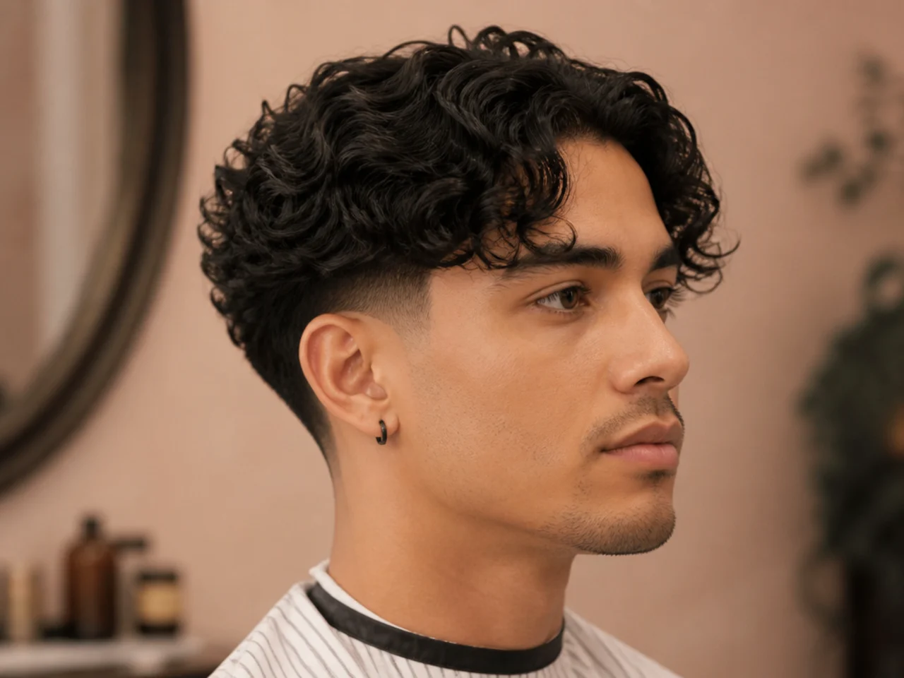 Low taper fade with curly middle part flowing on both sides of the head