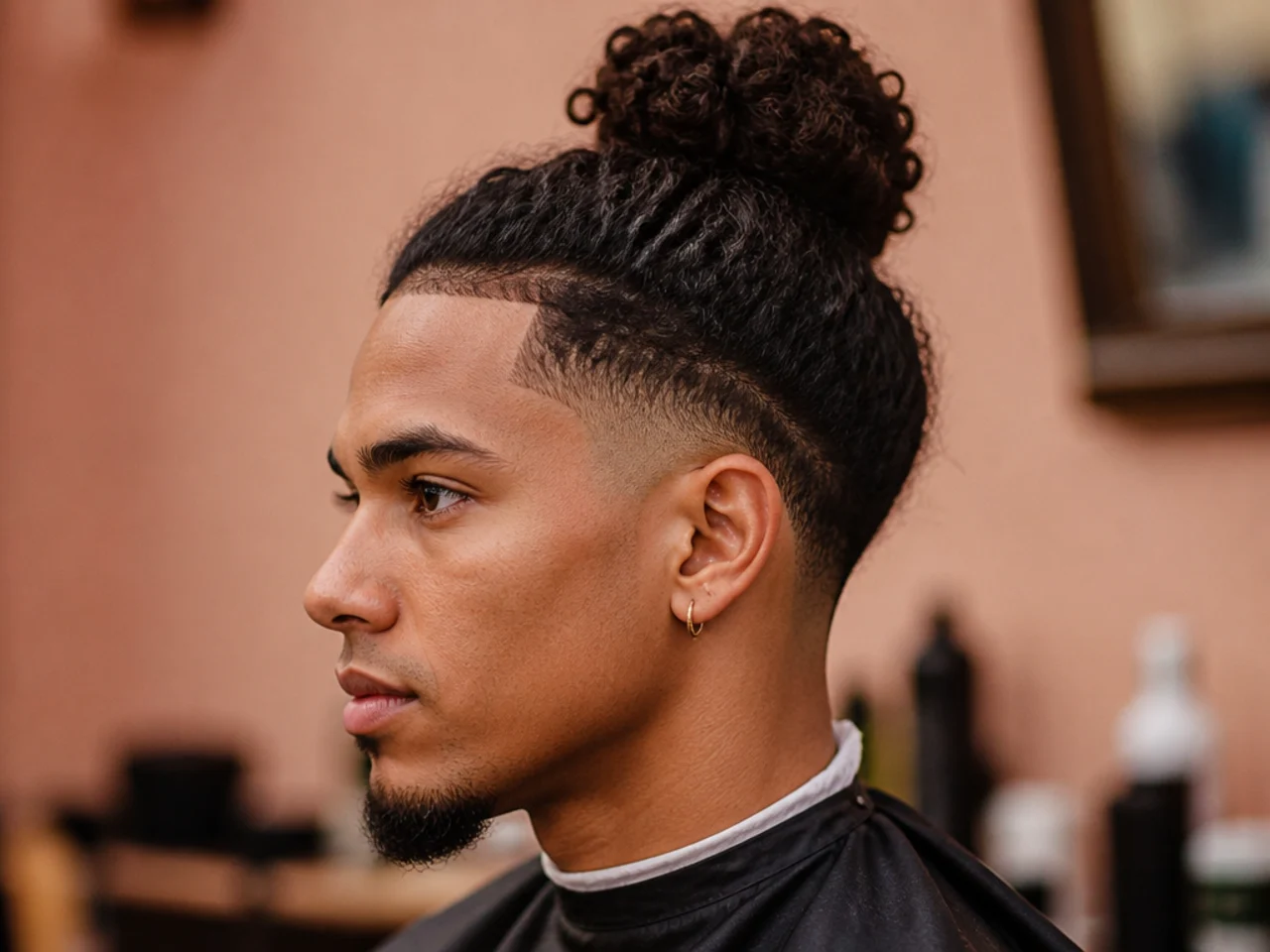Curly top knot with low taper fade sides on medium 3B curls