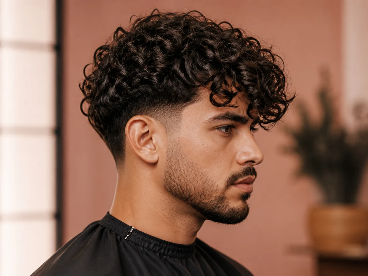 Long curly forward sweep on 3A hair with low taper fade