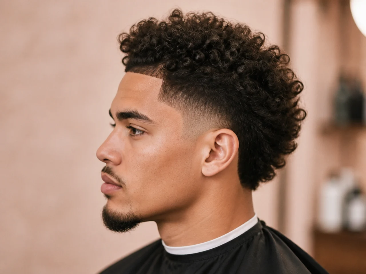 Curly faux hawk with low taper fade and a strip of 3B length running crown to forehead