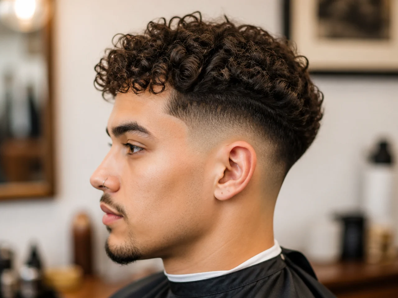 Curly-haired client showing a phone reference photo to a barber before a low taper fade