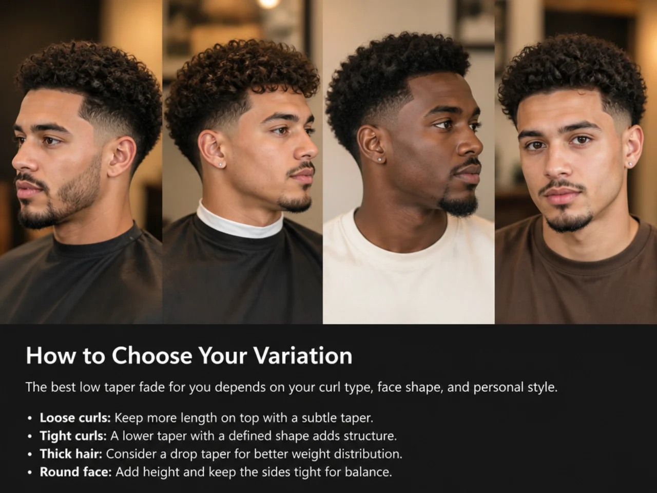 Three curly-haired men showing different low taper fade top lengths on 3A, 3B, and 3C hair