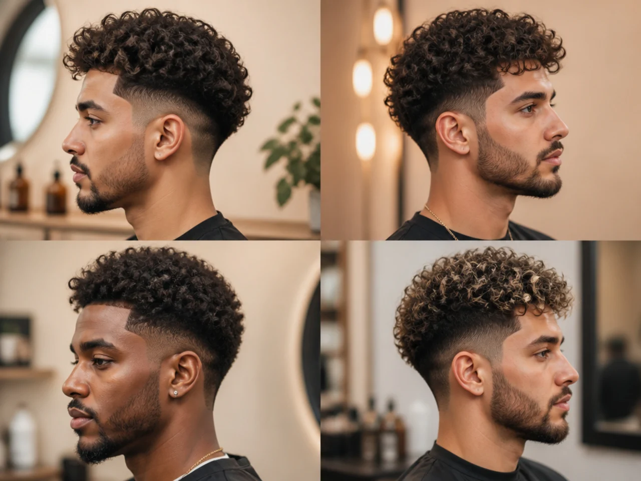 Curly hair styling essentials for a low taper fade — leave-in, curl cream, microfiber towel, wide-tooth pick