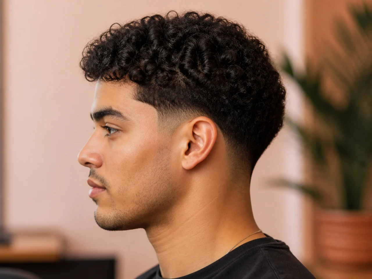 Fresh low taper fade on 3B curly hair blending softly above the ear into the natural coil pattern