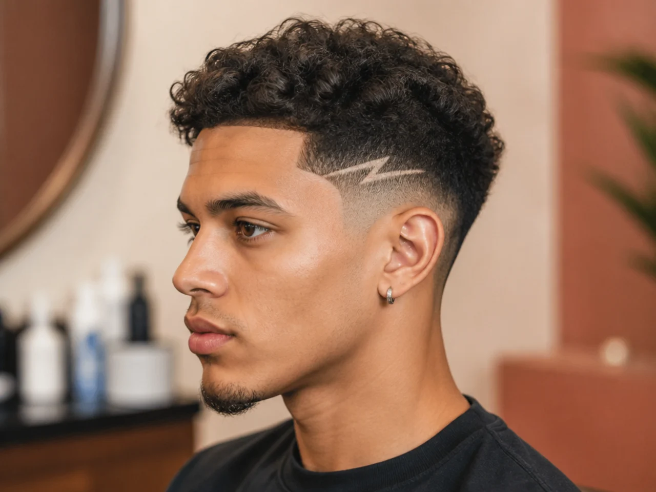 Lightning bolt shaved into a low taper fade above the sideburn on an Asian esports player with thick straight hair