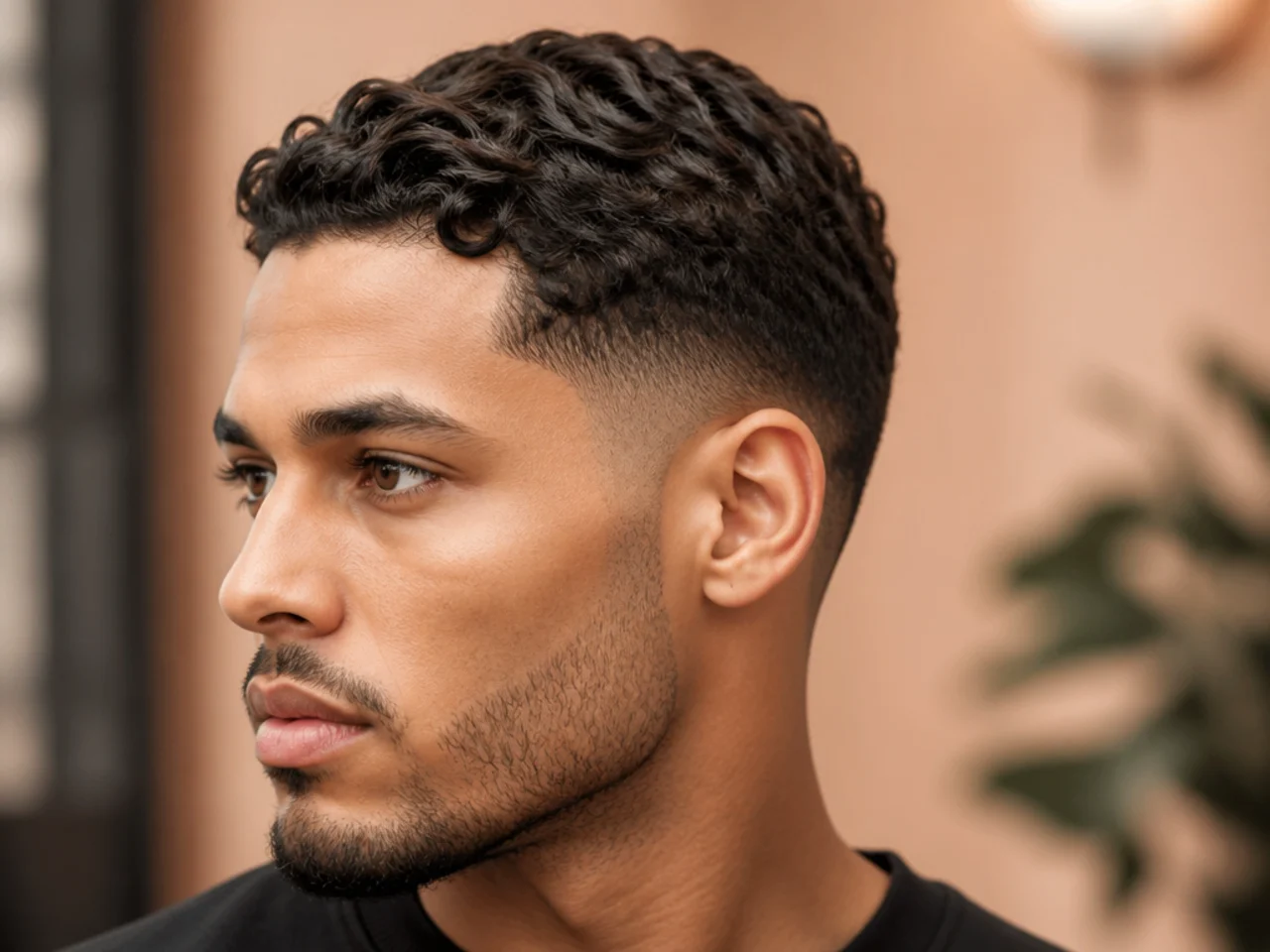 Three parallel wave lines shaved through a low taper fade at the temple on a Black man with 360 waves and coily hair
