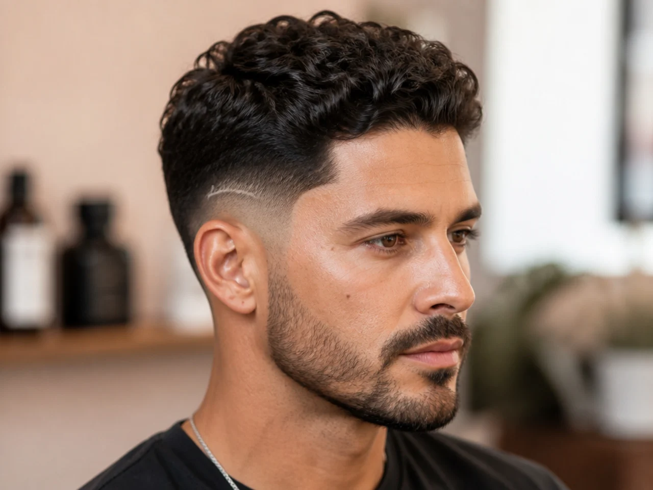 Script cursive design shaved into a low taper fade at the temple on a Latino man with thick straight hair