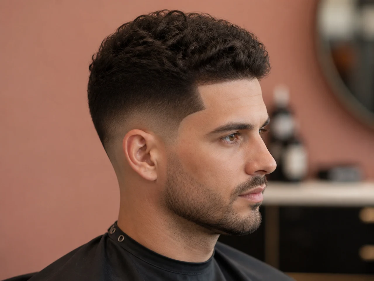 Geometric crosshatch shaved through a hard part on a low taper fade on a man with medium straight hair