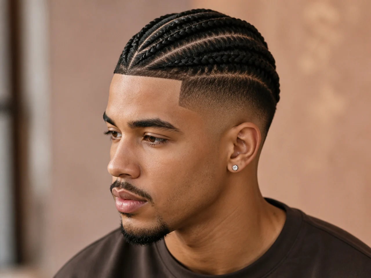 Tribal curved design shaved into a low taper fade at the temple on a young Kenyan man with dense coily hair