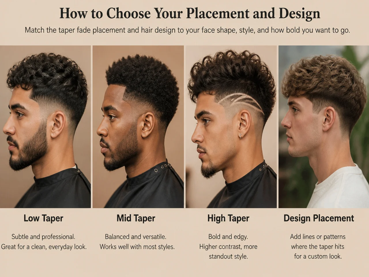 Three low taper fade designs shown side by side — star at temple, waves in hard part, and script at the nape