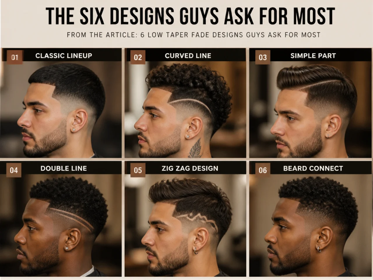 Grid of six low taper fade designs — star, lightning, waves, script, geometric, tribal