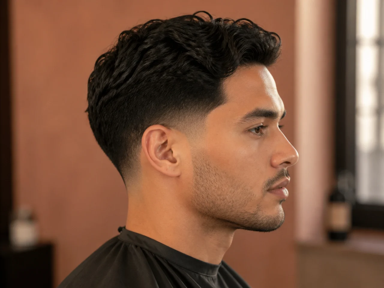 Close side profile of a low taper fade with a shaved wave line through the sideburn area