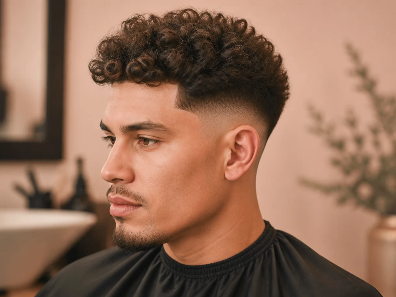 Barber and client discussing a low taper fade design on a tablet in a modern shop