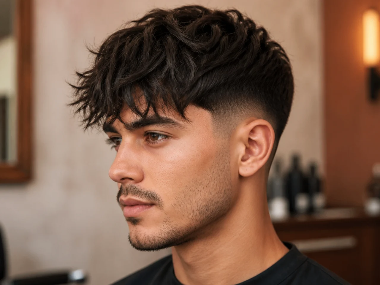 Piece-y separated fringe with individual strands catching the light with a low taper fade