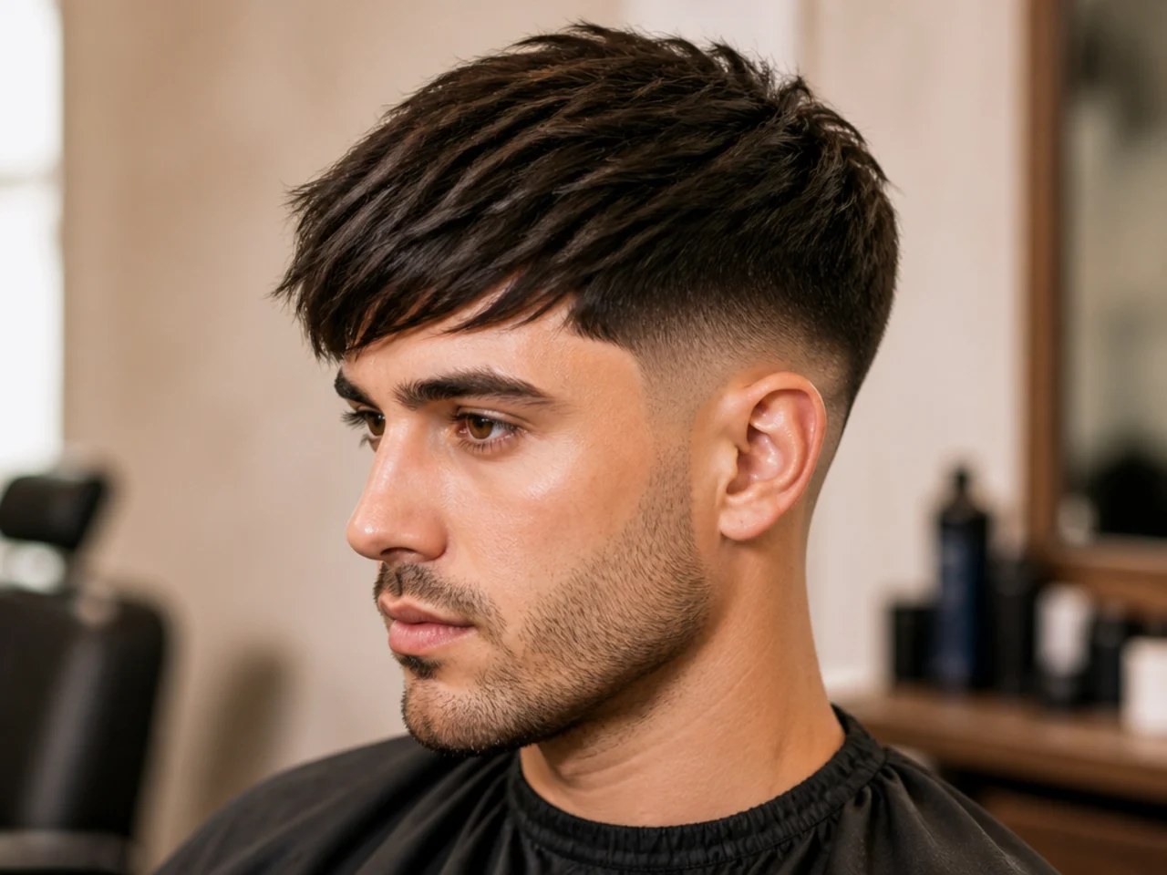 Angled asymmetrical fringe swept sharply to one side with a low taper fade