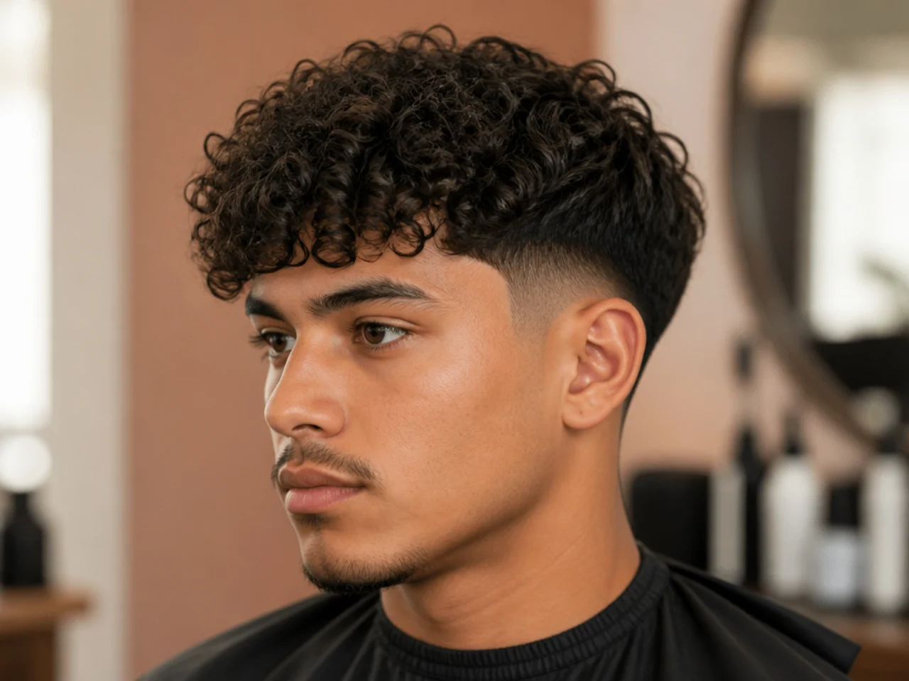 Curly 3A fringe with defined ringlets falling on the forehead with a low taper fade at the sides