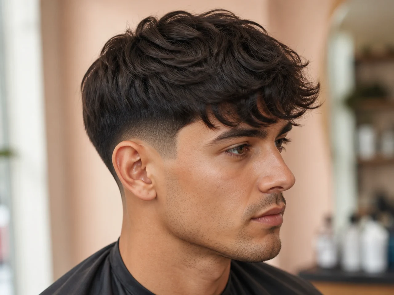 Natural wavy fringe with soft bends catching the light with a low taper fade