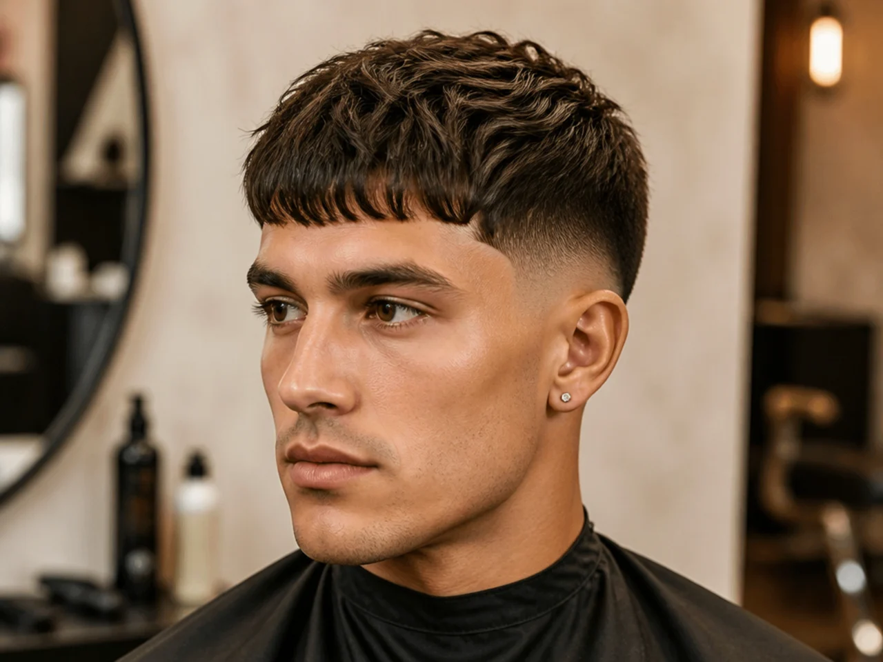 Edgar-style hard-line fringe cut in a straight blunt shelf across the forehead with a low taper fade