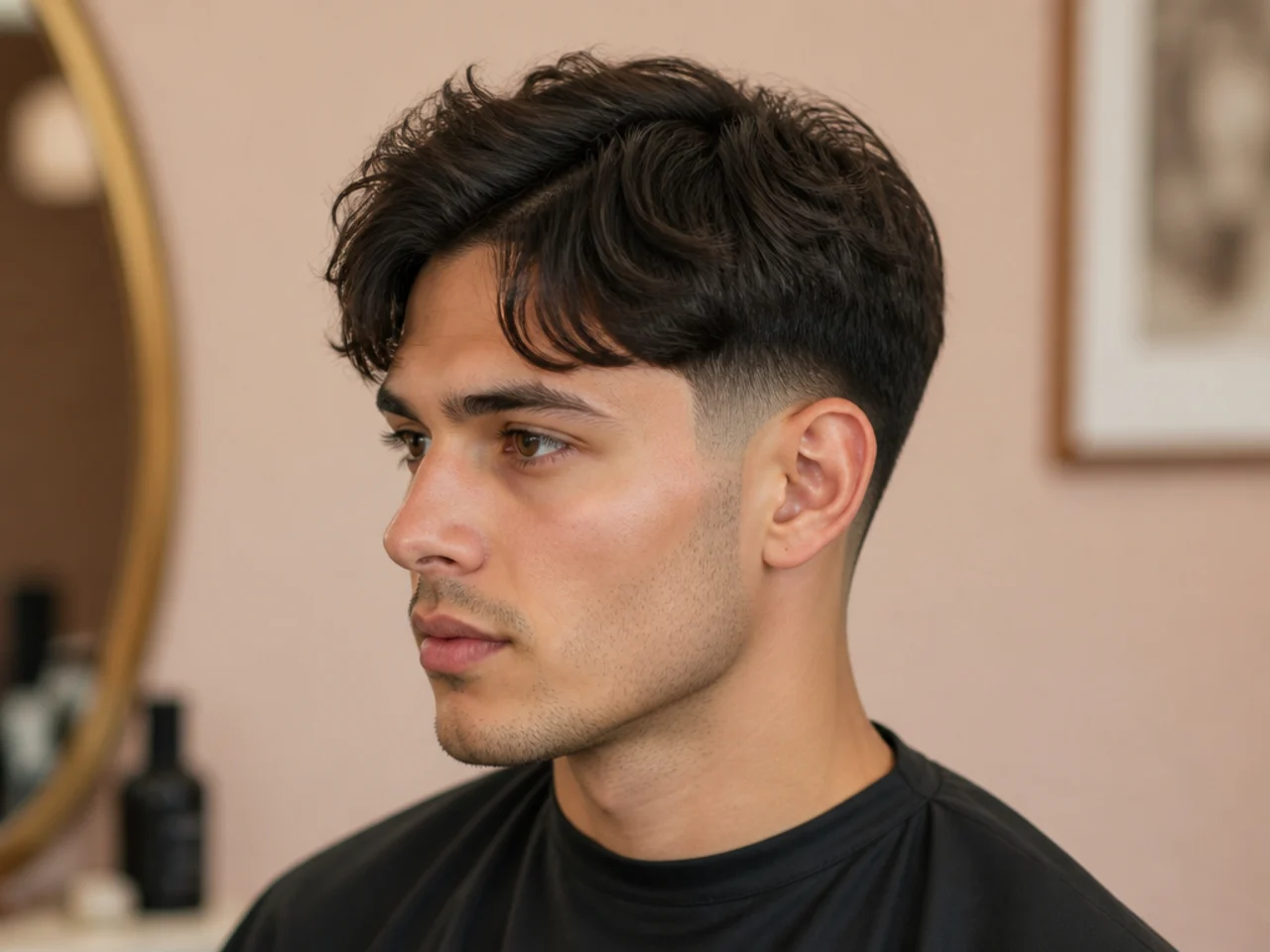 Comma-shaped curved fringe with front pieces bending into a soft comma over the forehead with a low taper fade