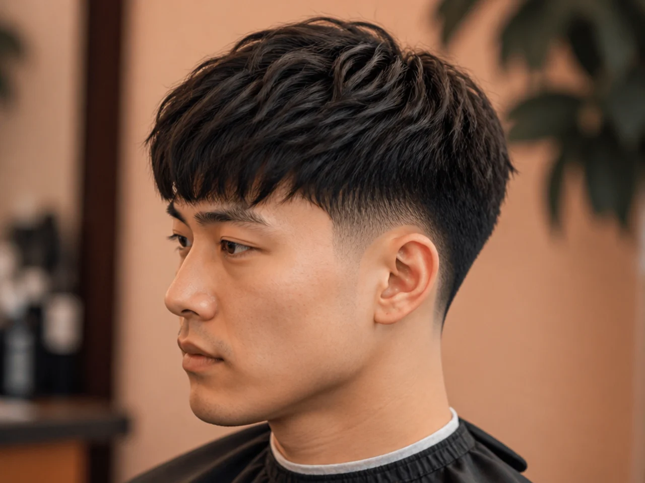 Two-block cut with disconnected fringe on top and low tapered sides underneath