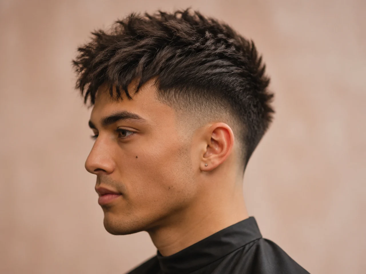 Faux hawk with lifted front fringe sweeping up and forward with a low taper fade at the sides
