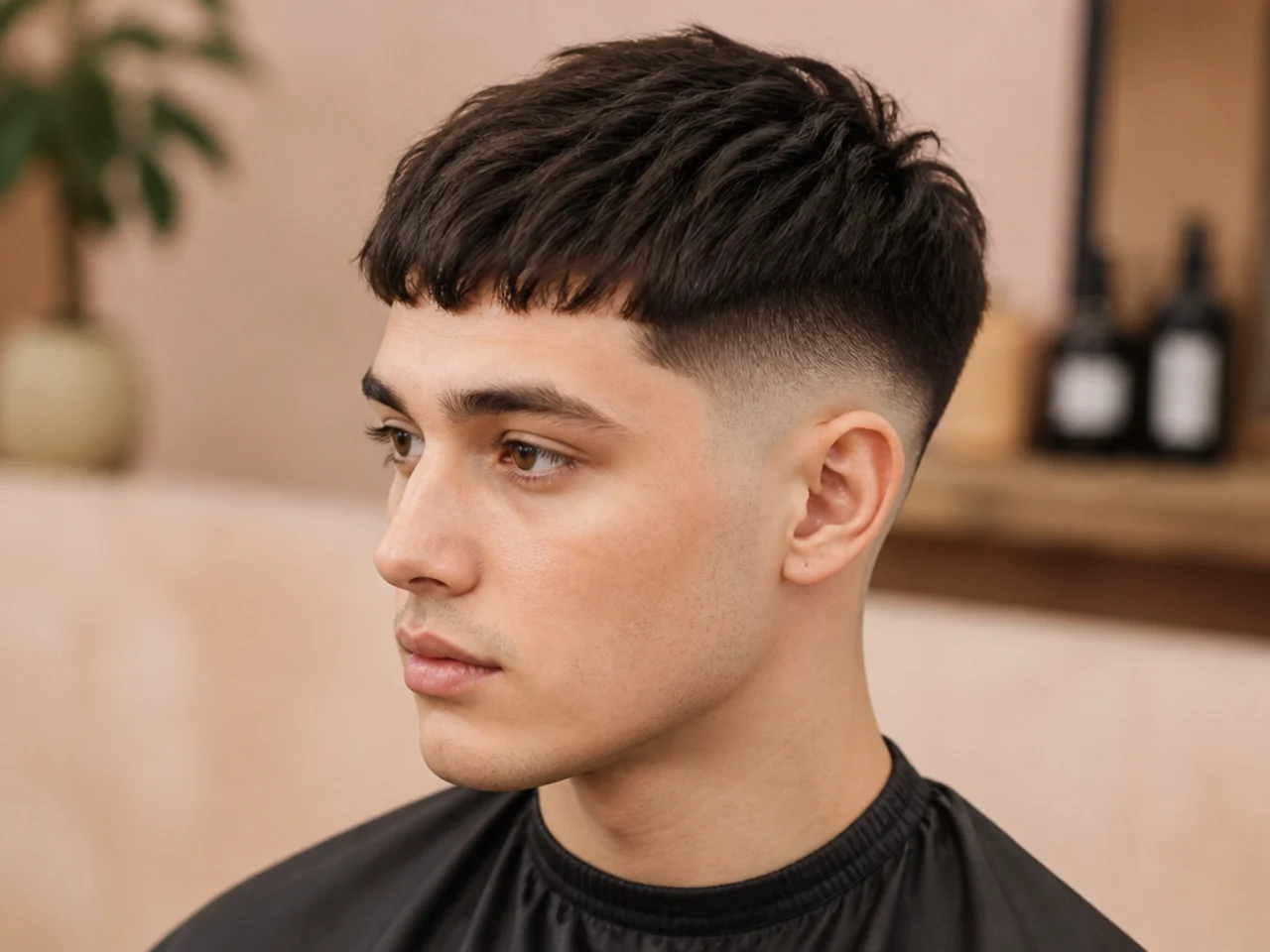 Disconnected undercut-style top with heavy fringe and a hard line between the top length and the low taper fade