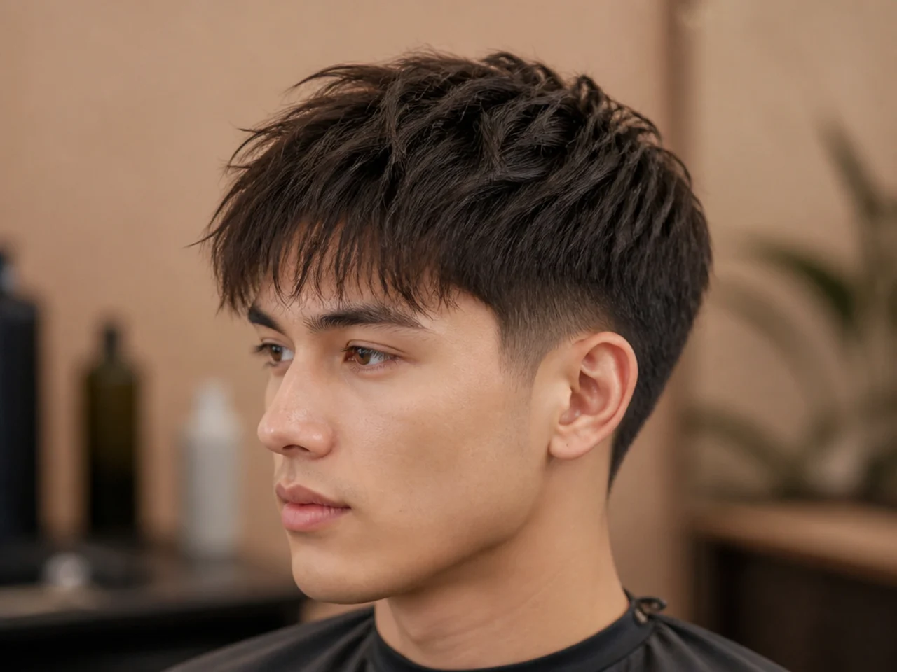 Wispy feathered fringe with fine tapered ends falling lightly on the forehead with a low taper fade