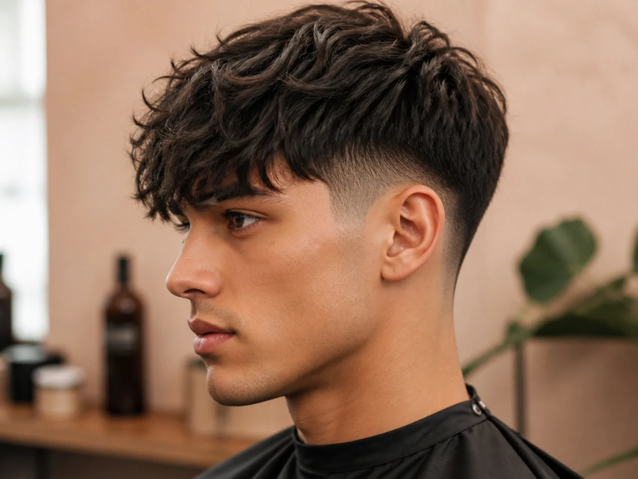 Textured fringe with piece-y separated ends falling on the forehead with a low taper fade at the sides