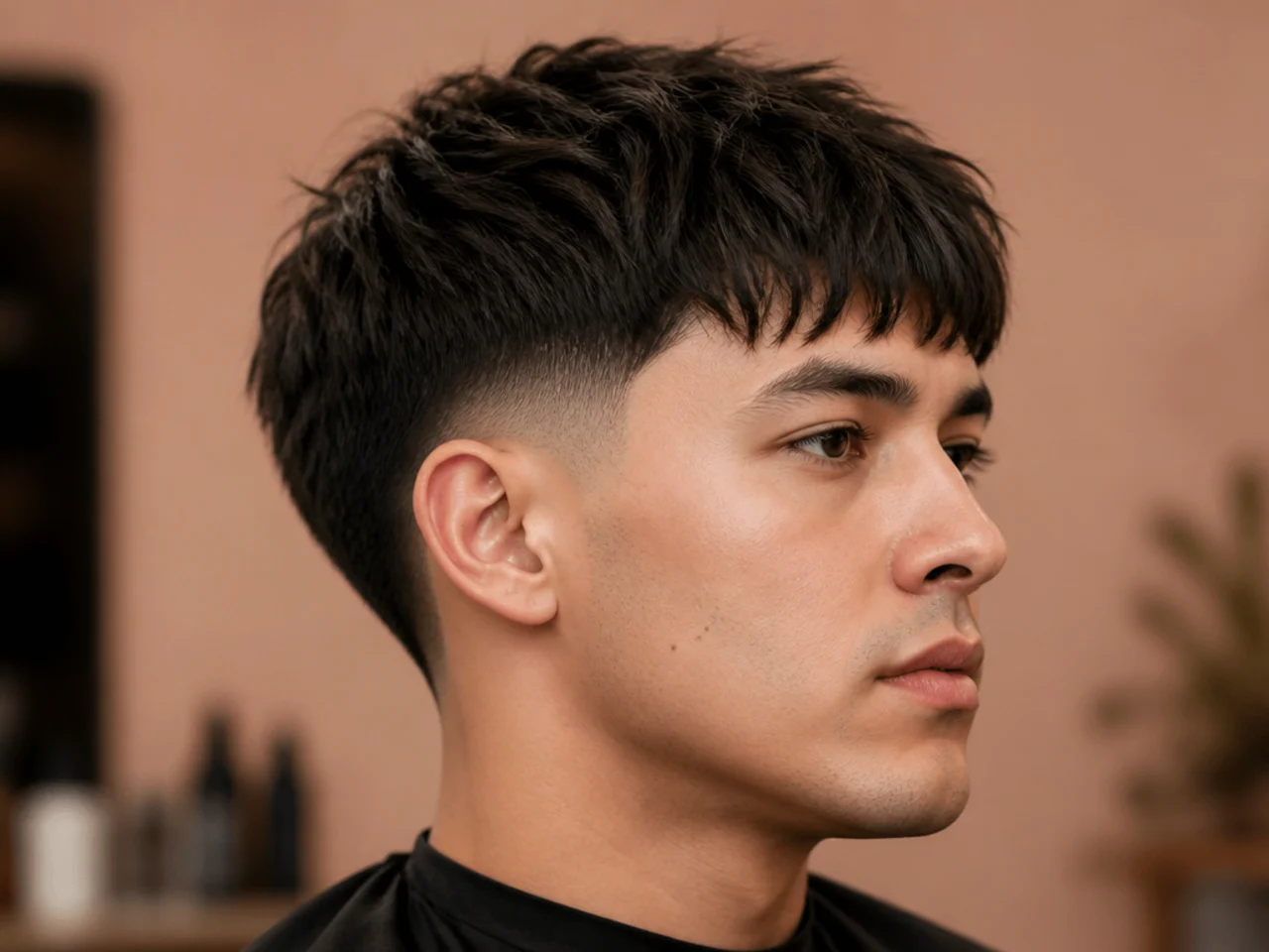 Peso Pluma-style long feathered fringe falling past the brows with soft layers and a low taper fade