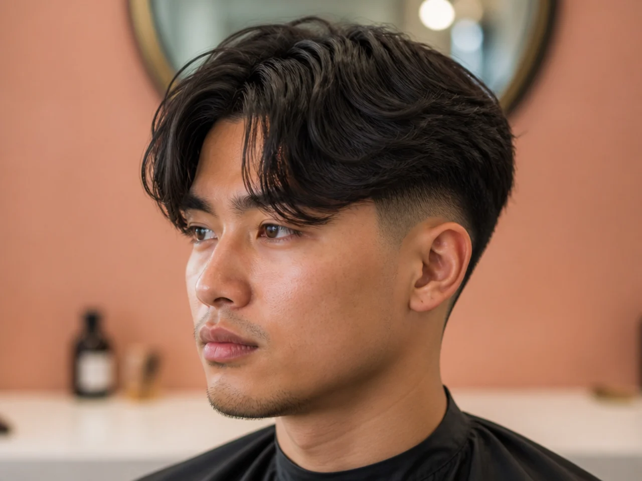 Middle-parted curtain fringe framing the face on both sides with a low taper fade underneath