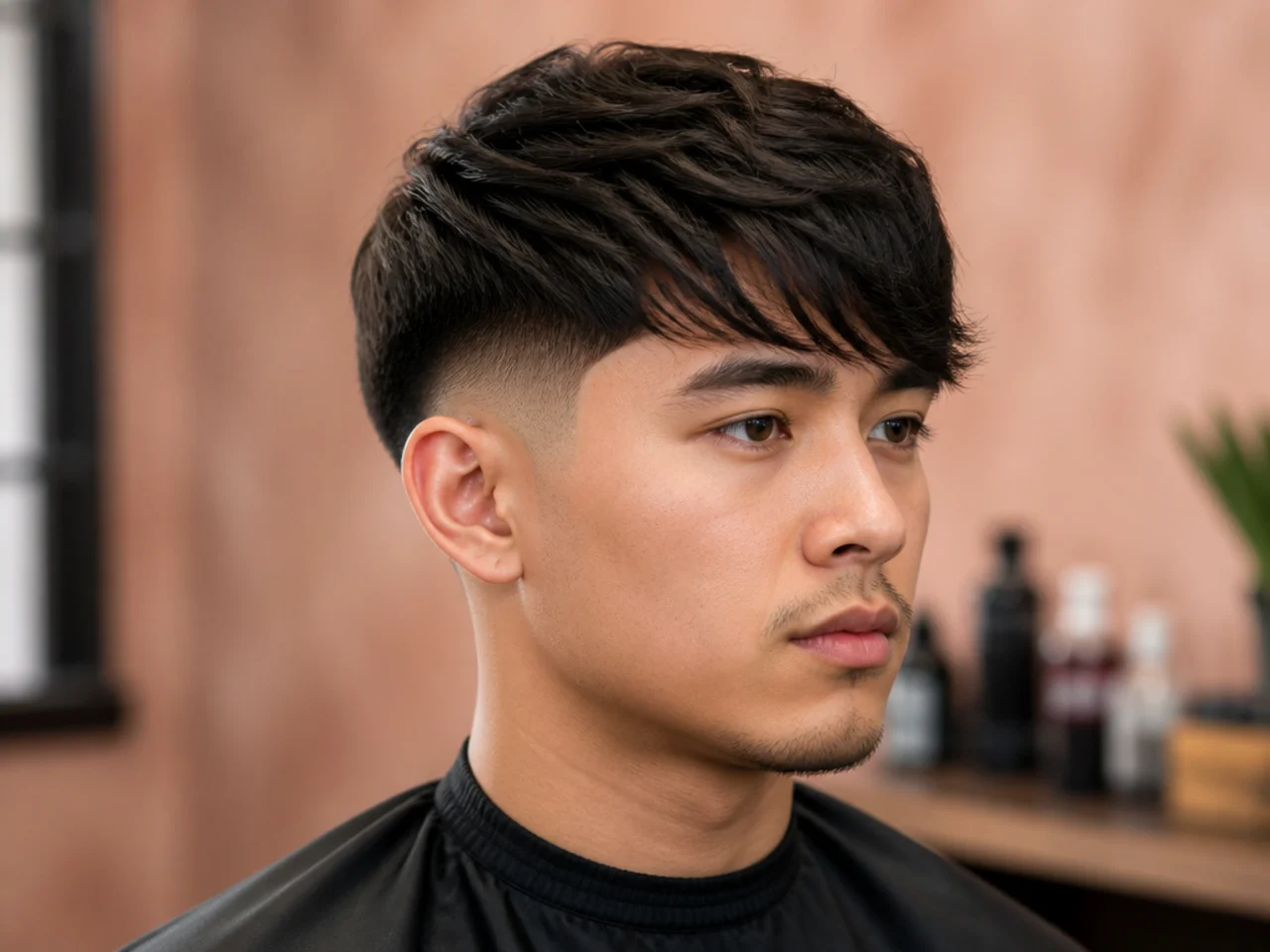 Side-swept fringe brushed diagonally across the forehead with a clean low taper fade