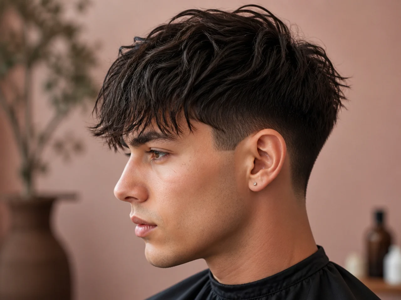 Messy tousled fringe with lifted volume and undone pieces falling on the forehead with a low taper fade