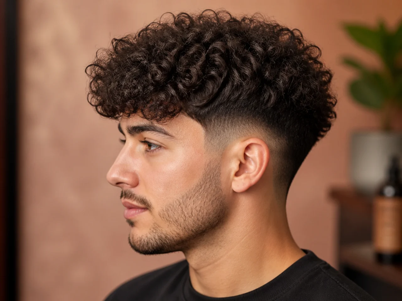 Fluffy broccoli-style fringe with dense volume and defined curl pattern with a low taper fade at the sides