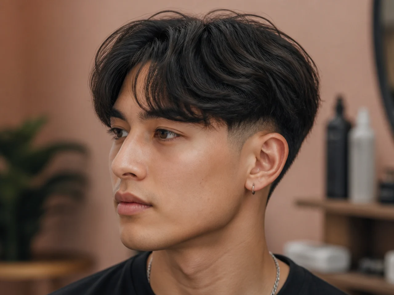Middle-parted fringe falling to both sides of the forehead with a low taper fade underneath