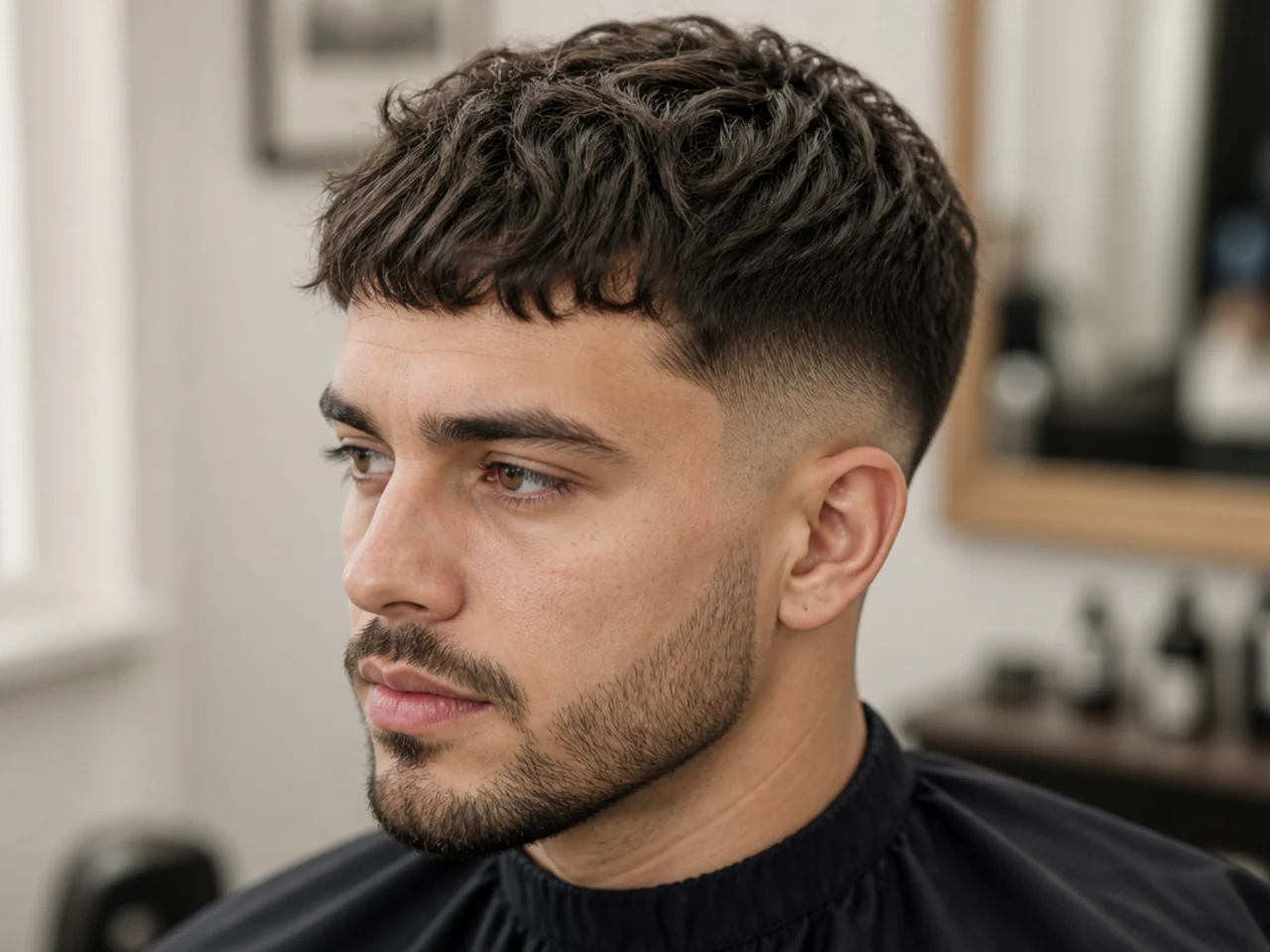 Short cropped textured fringe cut just above the brows with a low taper fade on straight dark hair