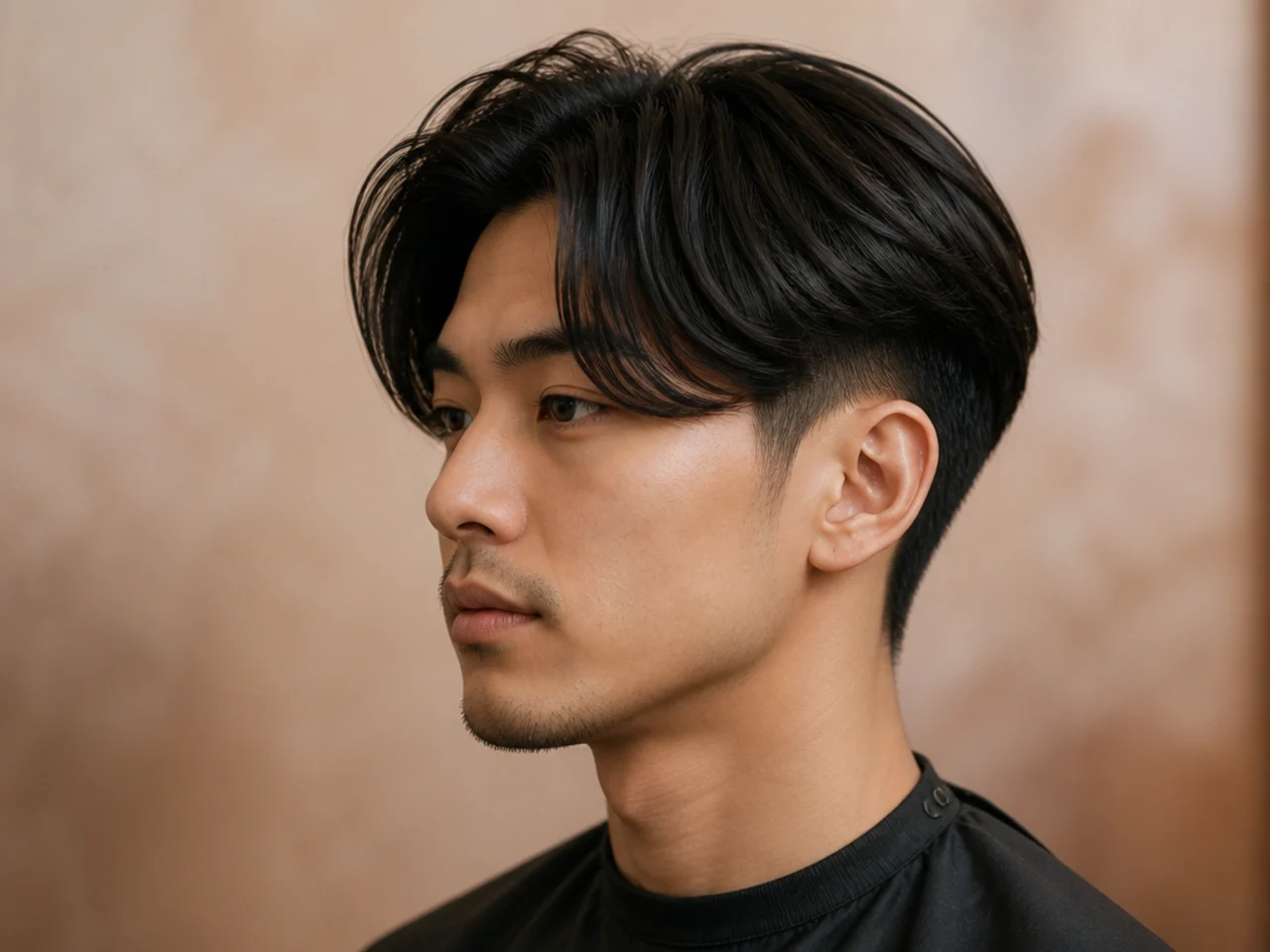 Long Korean-style curtain fringe framing the face past the cheekbones with a low taper fade