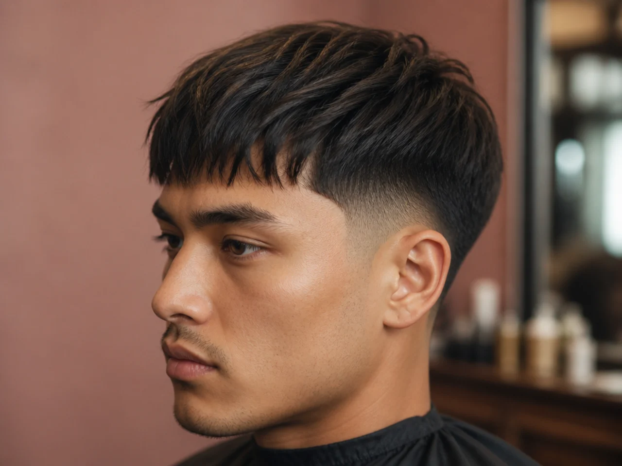 Barber studying a phone reference photo held by a client mid-consultation in a barbershop chair