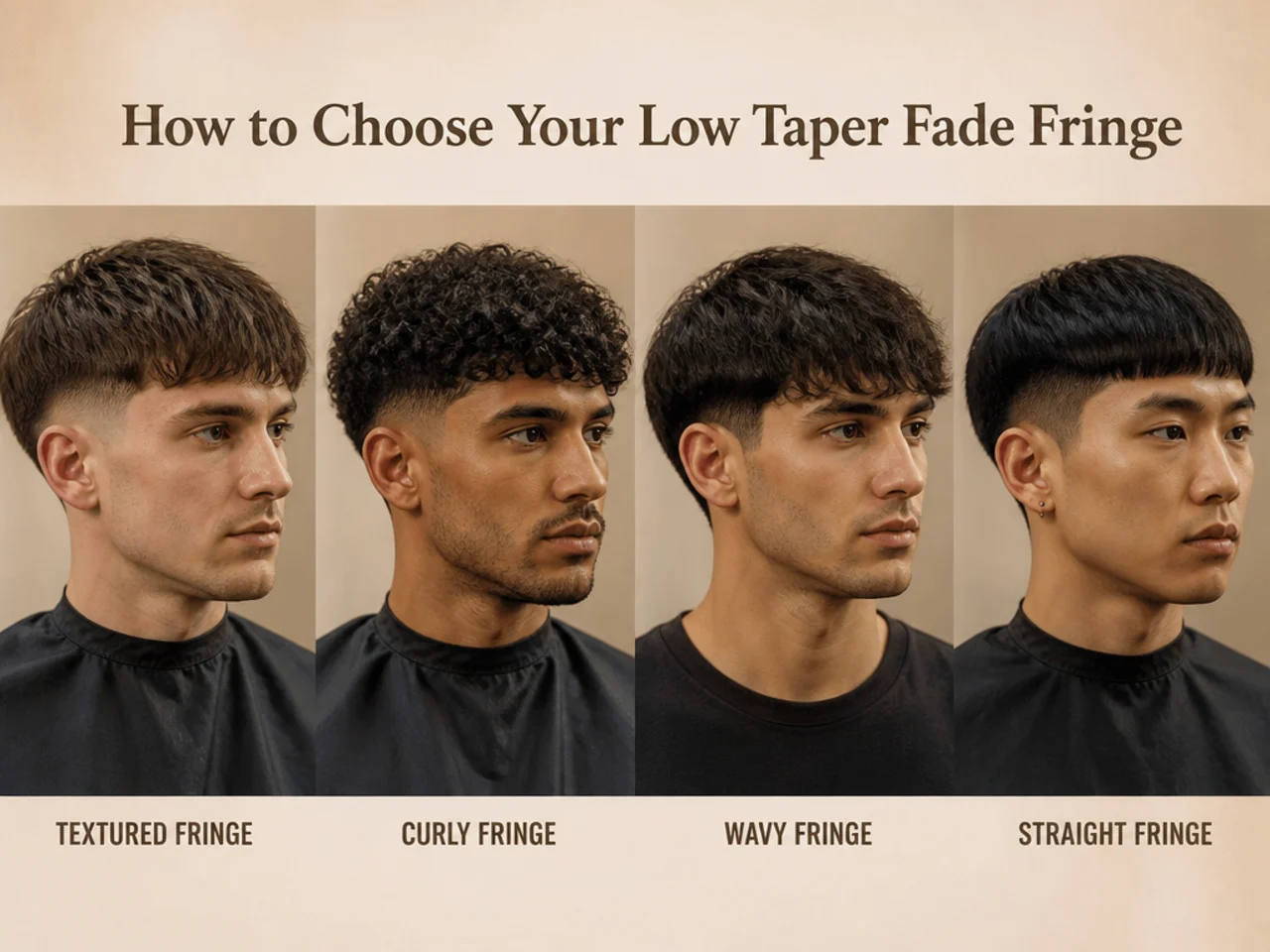 Four men showing blunt, textured, curtain and side-swept fringe variations with a low taper fade