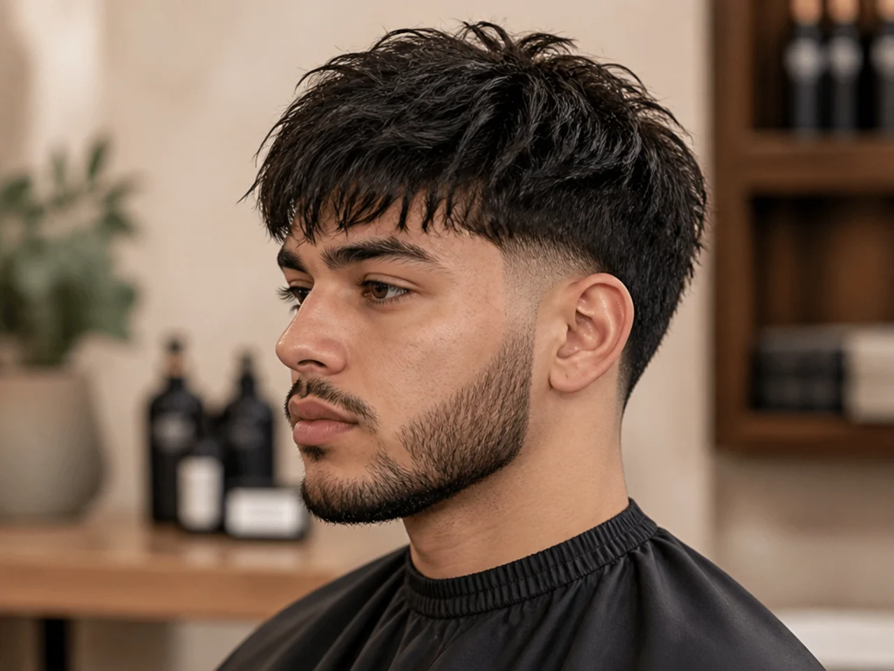 Flat lay of matte clay, sea-salt spray, round brush, blow dryer and comb for styling a low taper fade fringe