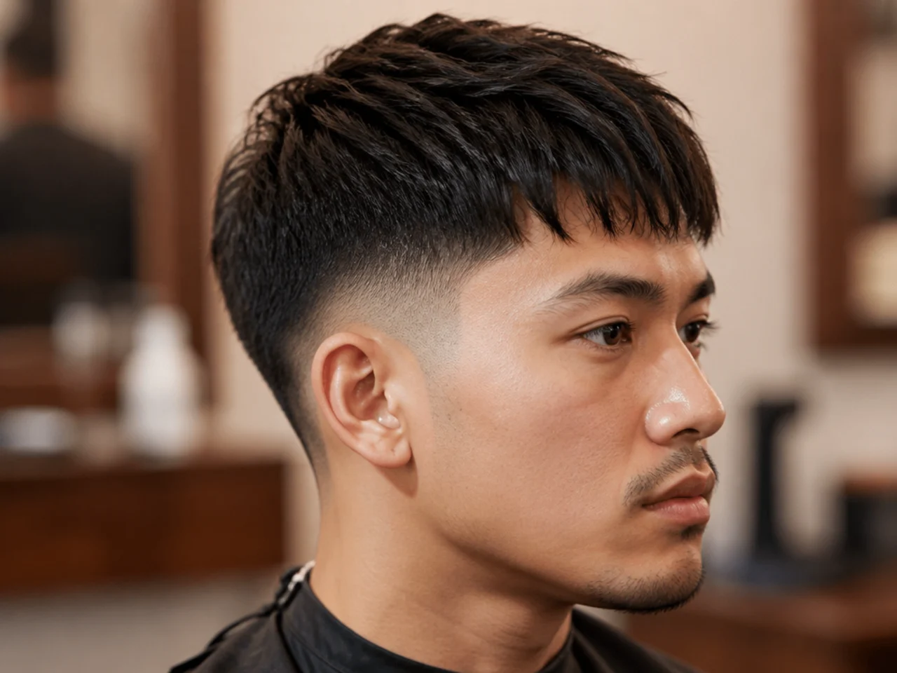 Three-quarter portrait of a low taper fade with a textured fringe falling past the brows