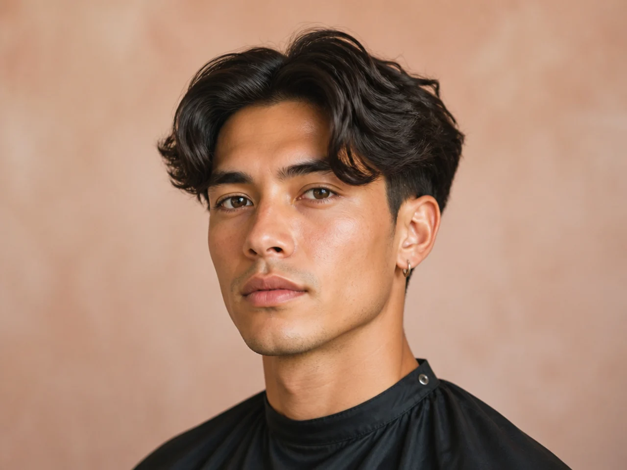 Comma hair middle part with curved comma-shape fringe hooks and low taper