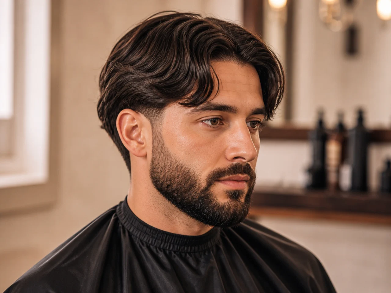 Middle part with a trimmed medium beard blended into the low taper
