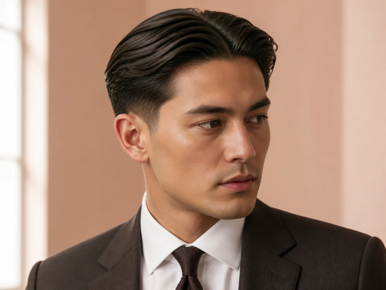 Slick glossy middle part combed flat away from a razored center split with low taper