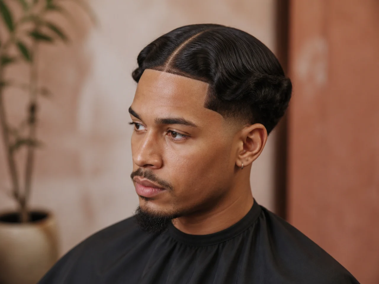 Middle part with a sharp razor line-up at the forehead and low taper
