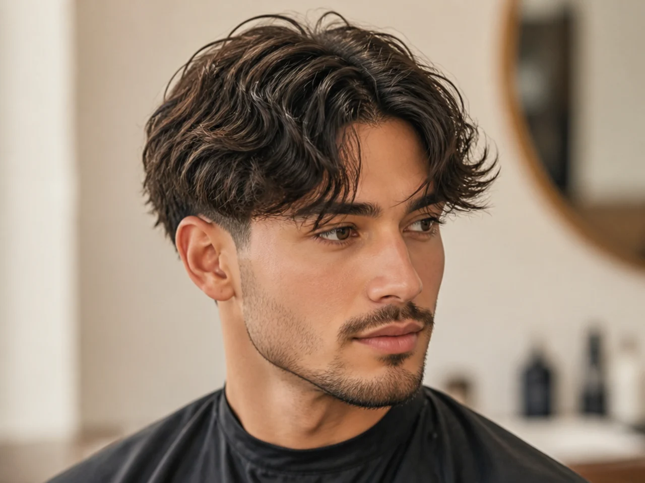 Middle part with a heavy textured fringe cut into deliberate wisps and low taper