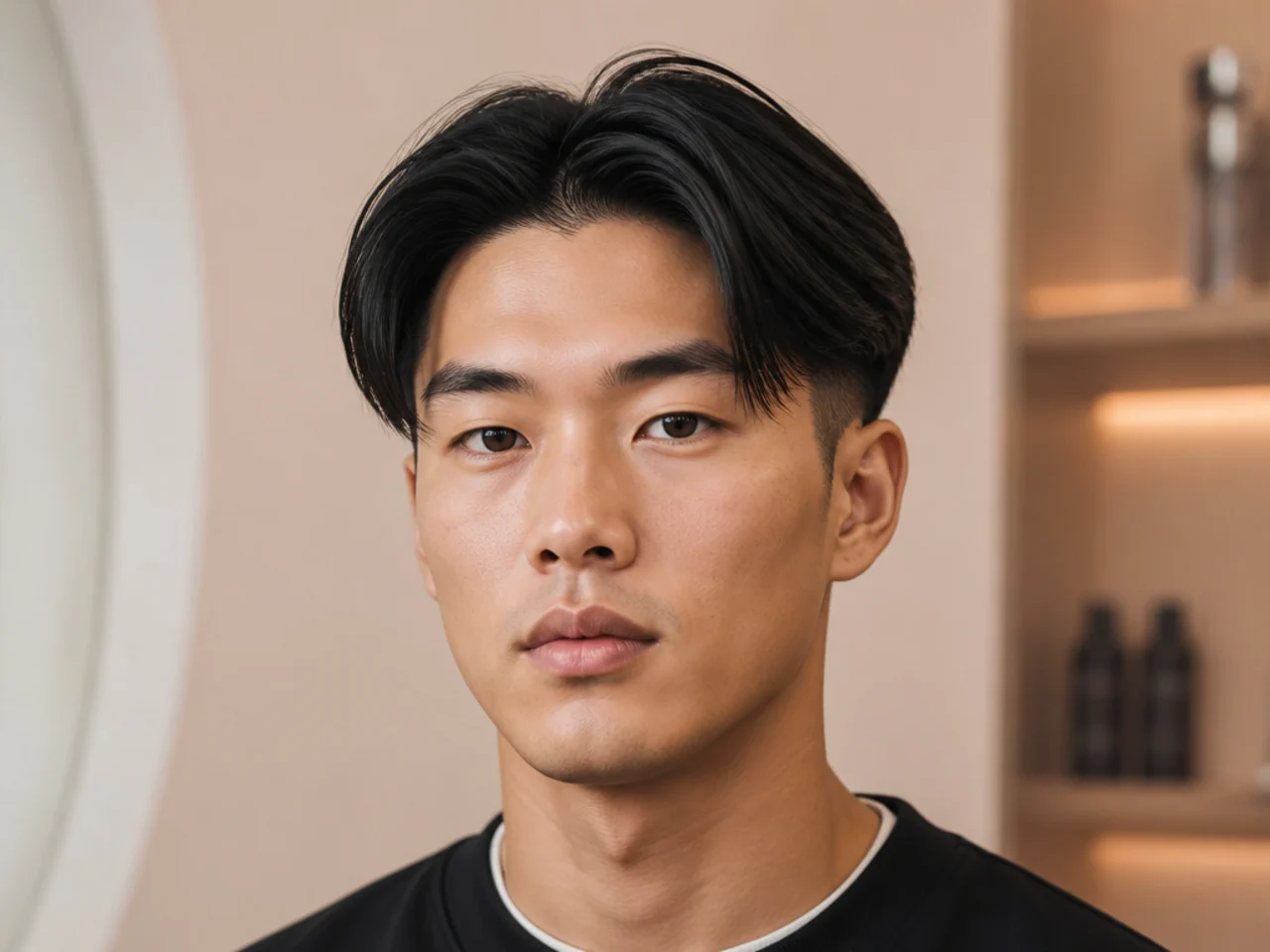 Asian straight hair middle part with dense weight and low taper