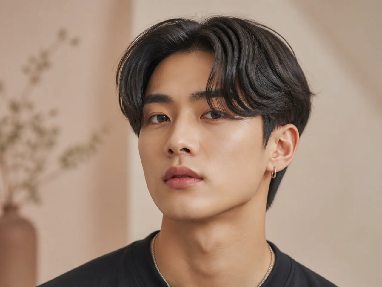 K-pop curtain middle part with feathered fringe past the brows on Asian straight hair