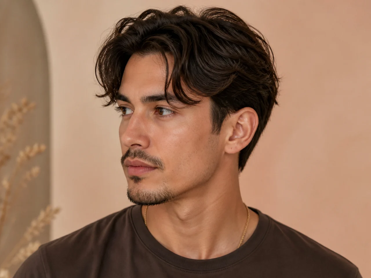 Heavily piecey textured middle part with separated wisps of hair and low taper